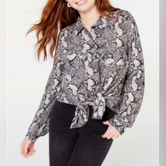 Hippie Rose Tops - Hippie Rose Snake Reptile Print Utility Roll-Tab Shirt Blouse Top Black White S